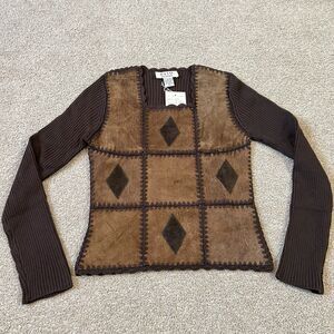 Vintage Clio Brown Stitched Leather Patchwork Ribbed Sleeves Sweatshirt Petite M